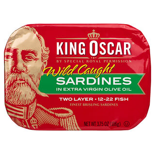 King Oscar, 野生捕撈，沙丁魚，載于高級初榨橄欖油中，兩層 12-22 魚，3.75 盎司（106 克）