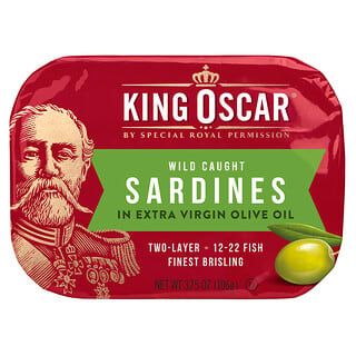 King Oscar, 野生捕捞，沙丁鱼，载于高级初榨橄榄油中，两层 12-22 鱼，3.75 盎司（106 克）