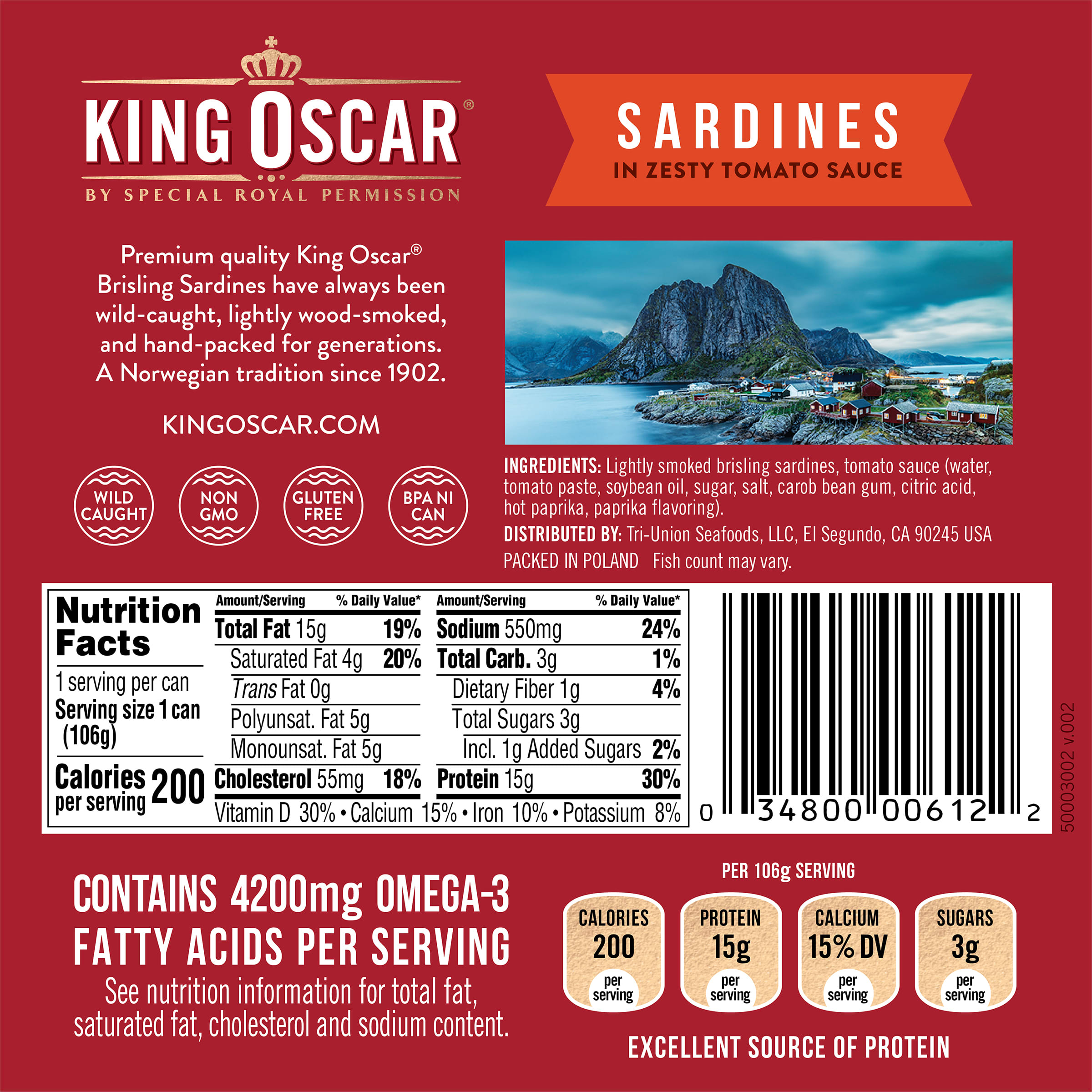 King Oscar, Wild Caught Sardines In Zesty Tomato Sauce, 3.75 oz (106 g)