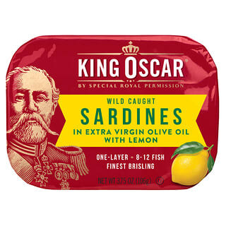King Oscar, 엑스트라 버진 올리브 오일에 절인 자연산 정어리, 레몬 함유, 106g(3.75oz)