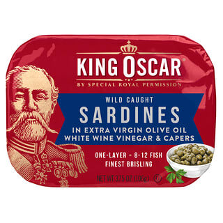 King Oscar, 野生捕撈沙丁魚，載於高級初榨橄欖油中，白酒醋和酸豆，3.75 盎司（106 克）