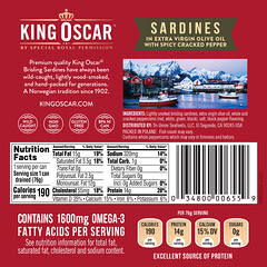 King Oscar, сардины дикого улова в нерафинированном оливковом масле высшего качества, один слой рыбы, 8–12 шт., 106 г (3,75 унции)