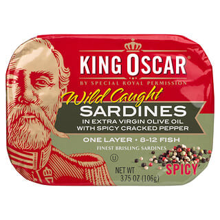 King Oscar, Wild Caught, Sardines à l'huile d'olive extra vierge, Au poivre concassé épicé, Une couche, 106 g