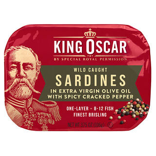 King Oscar, 野生捕撈，沙丁魚，載于高級初榨橄欖油中，一層 8-12 魚，3.75 盎司（106 克）