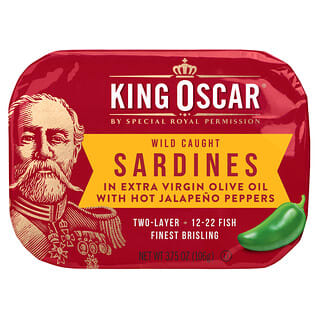 King Oscar, 野生捕撈沙丁魚，高級初榨橄欖油，墨西哥辣椒，特辣，雙層，3.75 盎司（106 克）