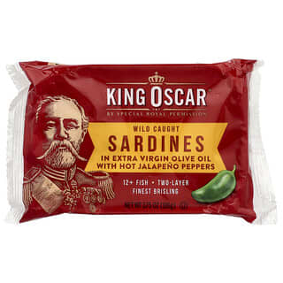 كينغ اوسكار‏, سردين يتم صيده من البرية، في زيت الزيتون البكر الممتاز مع فلفل الهالبينو الحار، حار، طبقتان، 3.75 أونصة (106 جم)