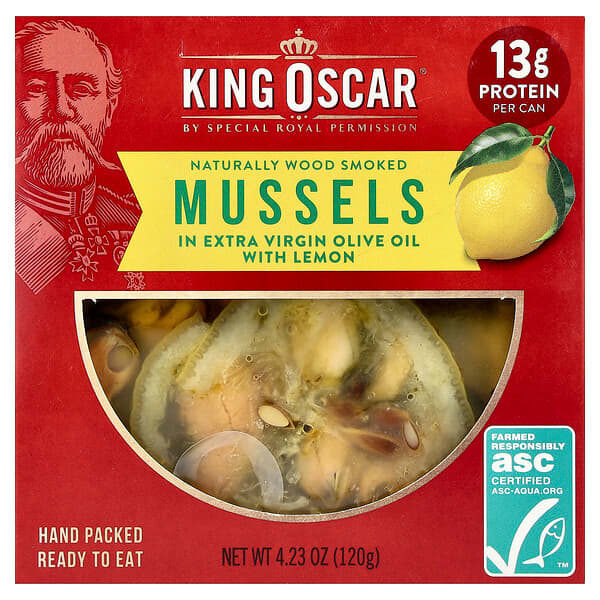 歐斯卡王, Naturally Wood Smoked Mussels in Extra Virgin Olive Oil with Lemon, 4.23 oz (120 g)
