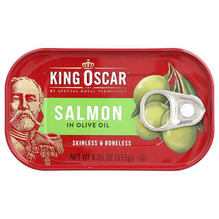 King Oscar, Skinless & Boneless Salmon in Extra Virgin Olive Oil, Lachs ohne Haut und Knochen in nativem Olivenöl extra, 115 g (4,05 oz.)