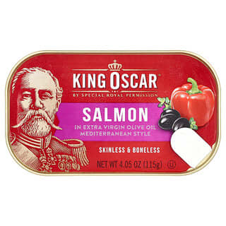 King Oscar‏, סלמון ללא עור ושמן זית כתית מעולה, בסגנון ים תיכוני, 115 גרם (4.05 אונקיות)
