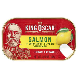 King Oscar, лосось без кожи и костей, в нерафинированном оливковом масле высшего качества с лимоном, 115 г (4,05 унции)