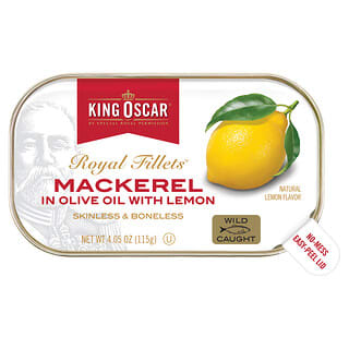 King Oscar, فيليه ملكية ، الماكريل في زيت الزيتون والليمون ، 4.05 أونصة (115 جم)