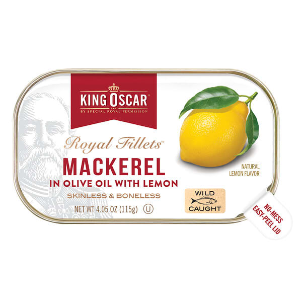 King Oscar, Royal Fillets（ロイヤルフィレ）、サバのオリーブオイル漬けレモン入り、115g（4.05オンス）