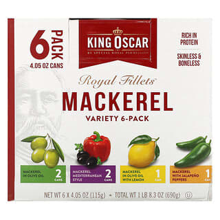 King Oscar, Royal Fillets, макрель, 6 разных пакетиков, 6 банок по 115 г (4,05 унции)