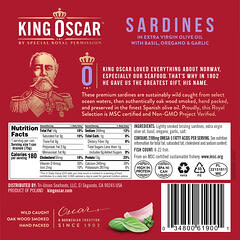 King Oscar, イワシのエキストラバージンオリーブオイル漬け（バジル、オレガノ、ニンニク入り）、106g（3.75オンス）