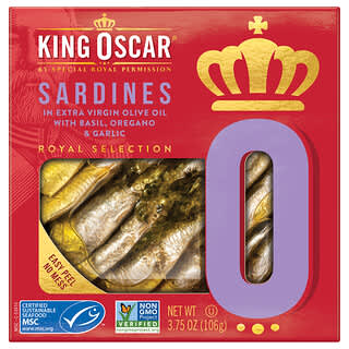 King Oscar, Сардины в оливковом масле первого отжима с базиликом, орегано и чесноком, 106 г (3,75 унции)