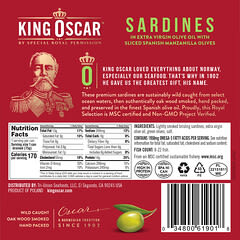 King Oscar, Сардини в оливковій олії першого віджиму з нарізаними іспанськими оливками мансанілья, 3,75 унції (106 г)