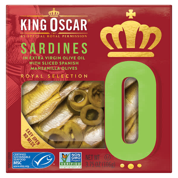King Oscar, Sardinas en aceite de oliva extra virgen con aceitunas manzanilla españolas en rodajas, 106 g (3,75 oz)