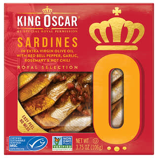 King Oscar, 沙丁魚，載於含紅燈籠椒的高級初榨橄欖油中，迷迭香和辣椒，3.75 盎司（106 克）