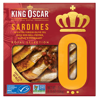 King Oscar, 沙丁鱼，载于含红灯笼椒的高级初榨橄榄油中，迷迭香和辣椒，3.75 盎司（106 克）
