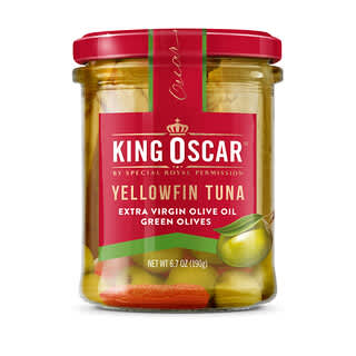 King Oscar‏, טונה Yellowfin‏, שמן זית כתית מעולה, זיתים ירוקים, 190 גרם (6.7 אונקיות)