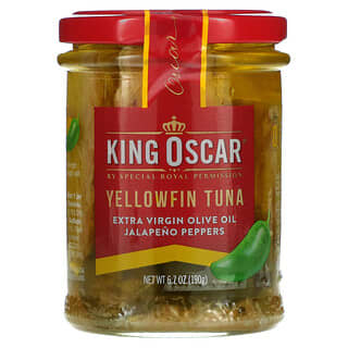 King Oscar, Желтоперый тунец, оливковое масло холодного отжима, перец халапеньо, 190 г (6,7 унции)