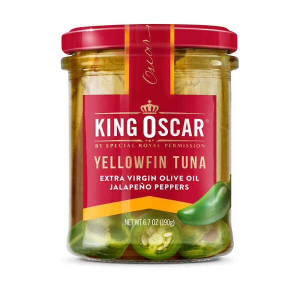 King Oscar, キハダマグロ、エキストラバージンオリーブオイル、ハラペーニョ、190g（6.7オンス）