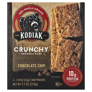 Kodiak Cakes, Crunchy Granola Bars, Chocolate Chip, 6 2-Bar Pouches, 1.59 oz (45 g) Each