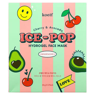 Koelf, Mascarilla facial de belleza de hidrogel Ice-Pop, Cereza y aguacate, 5 láminas, 30 g cada una