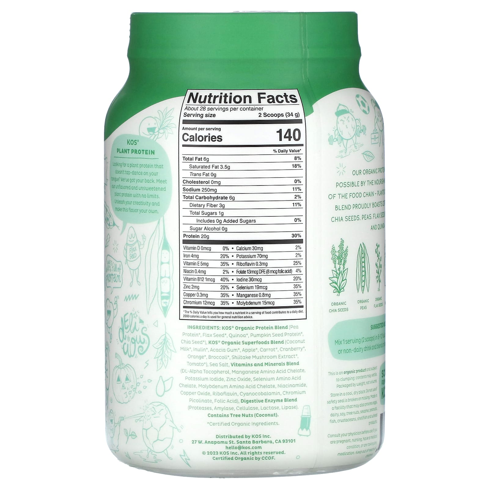 KOS, Organic Superfood Plant Protein Powder, Unflavored & Unsweetened