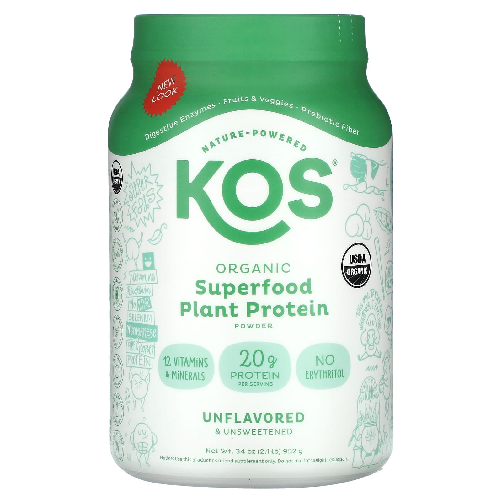 KOS, Organic Superfood Plant Protein Powder, Unflavored & Unsweetened