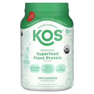 KOS, Proteína vegetal con superalimentos orgánicos, Sin sabor ni endulzar, 952 g (2,1 lb)