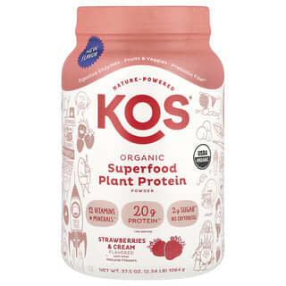 KOS, Proteína vegetal con superalimentos orgánicos en polvo, Fresas y crema, 1064 g (2,34 lb)