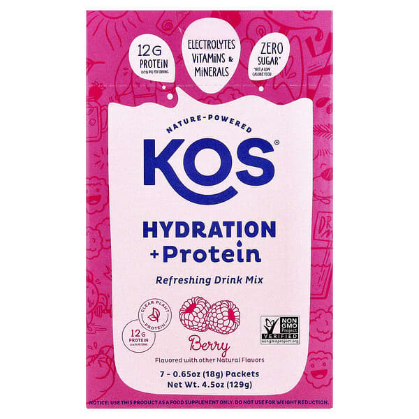 KOS Hydration + Protein, Refreshing Drink Mix, Berry, 7 Packets, 0.65 oz (18 g) Each