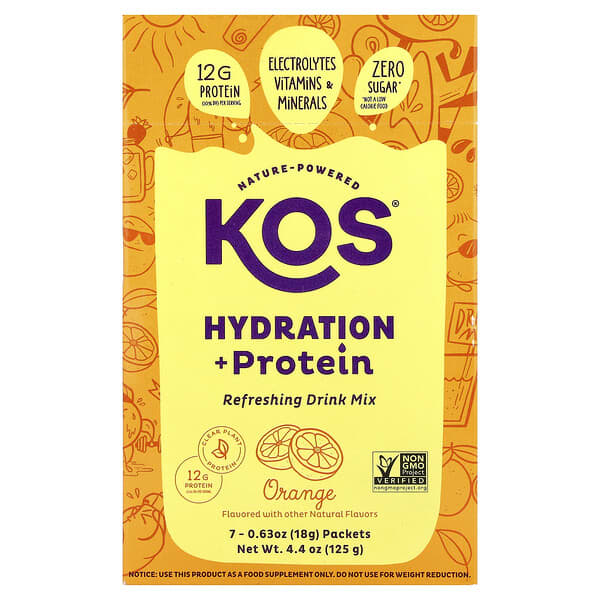 KOS Hydration + Protein, Refreshing Drink Mix, Orange, 7 Packets, 0.65 oz (18 g) Each