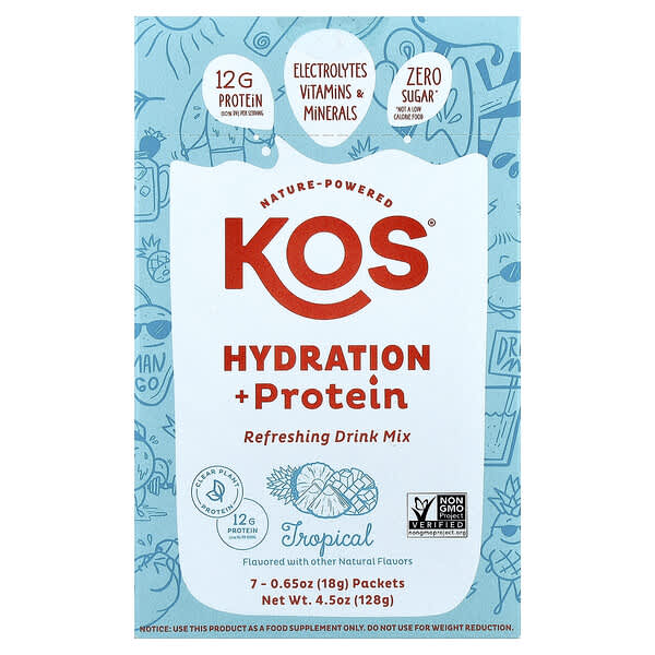KOS Hydration + Protein, Refreshing Drink Mix, Tropical, 7 Packets, 0.65 oz (18 g) Each