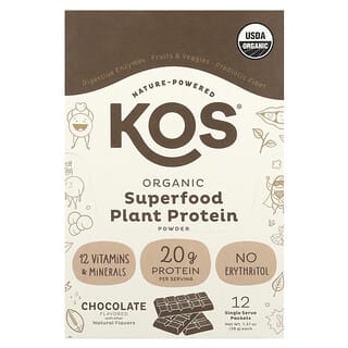 KOS, Organic Superfood Plant Protein Powder, Chocolate, 12 Single Serve Packets, 1.37 oz (39 g) Each