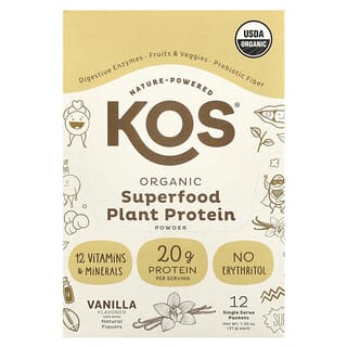 كي أو أس‏, Organic Superfood Plant Protein Powder, Vanilla, 12 Single Serve Packets, 1.3 oz (37 g) Each