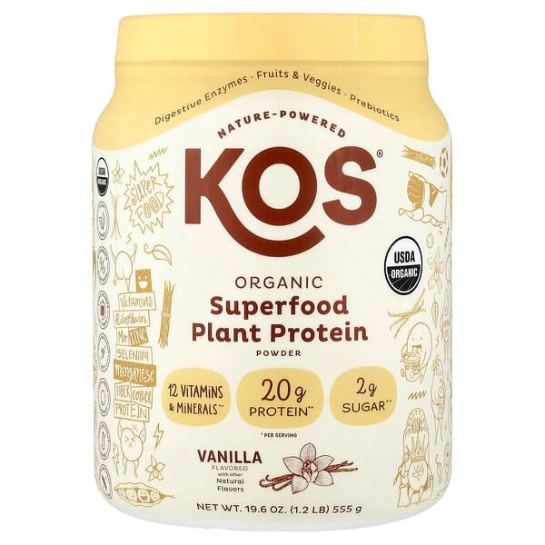 KOS, Organic Superfood Plant Protein Powder, Vanilla, 1.2 lb (555 g)