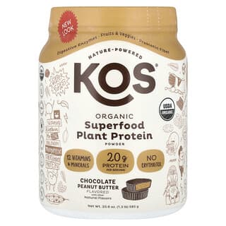 KOS, Poudre de protéines végétales aux superaliments biologiques, Chocolat et beurre de cacahuète, 585 g