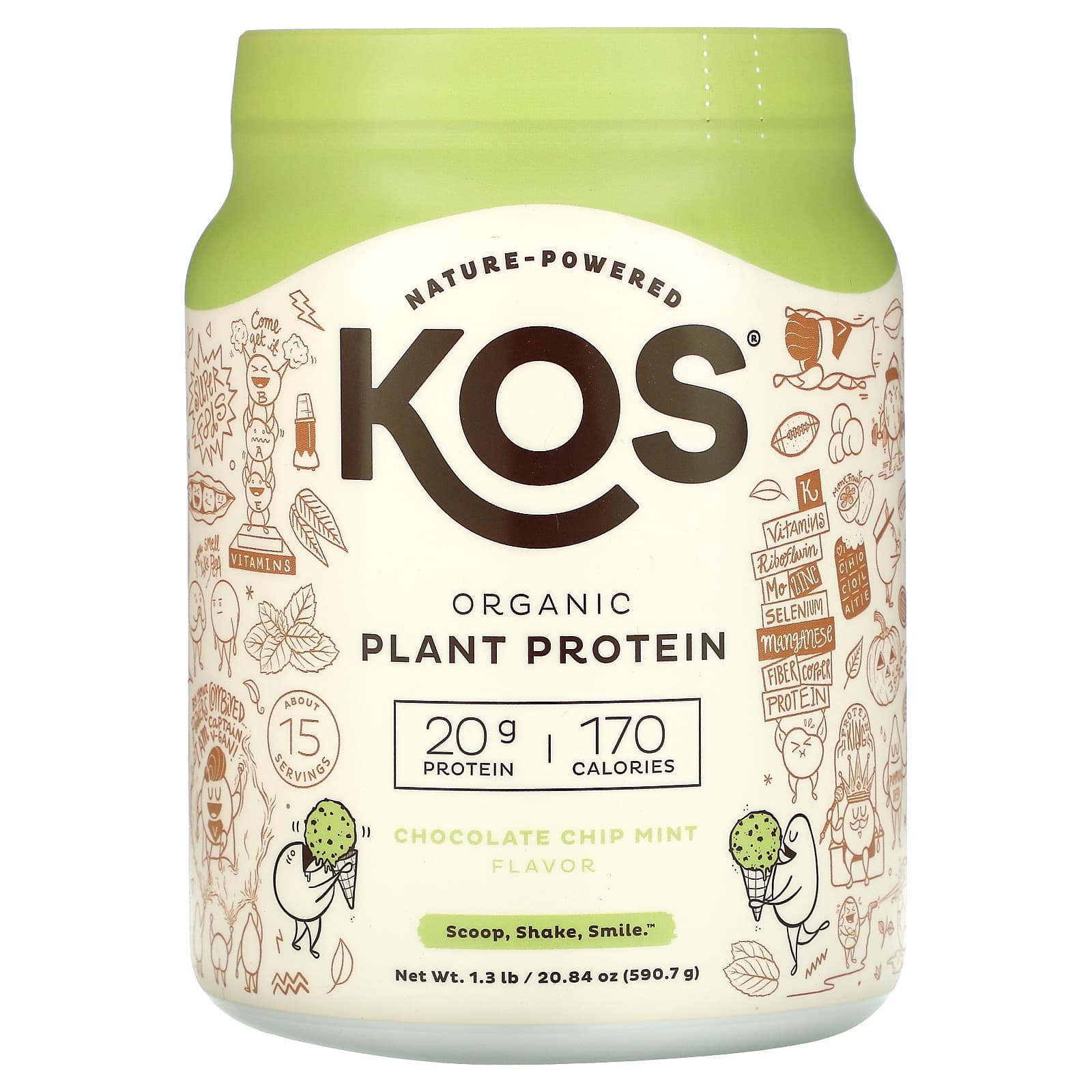Kos, Organic Plant Based Protein, Chocolate Chip Mint, 1.3 Lb (590.7 G)