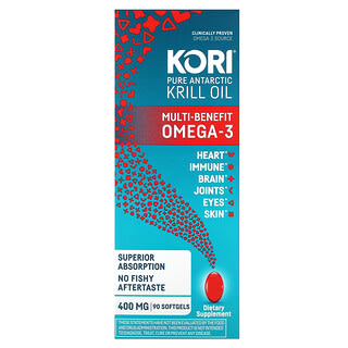 Kori, Aceite de kril antártico puro, Omega-3 con múltiples beneficios, 400 mg, 90 cápsulas blandas