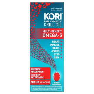 Kori, Aceite de kril del Atlántico puro, Omega-3 con múltiples beneficios, 600 mg, 60 cápsulas blandas