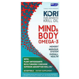 Kori, Aceite de kril del Atlántico puro, Omega-3 para el cuerpo y la mente`` 60 cápsulas blandas