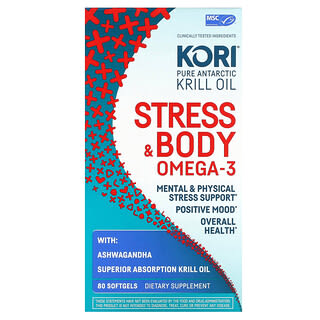 Kori, Aceite de kril antártico puro, omega-3 para el estrés y el cuerpo con ginseng indio, 80 cápsulas blandas