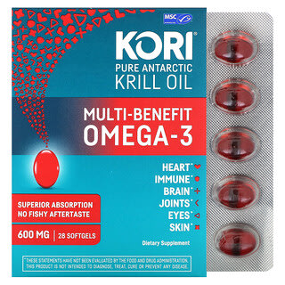 Kori, Óleo de Krill Antártico Puro, Ômega-3 Multibenefícios, 600 mg, 28 Cápsulas Softgel