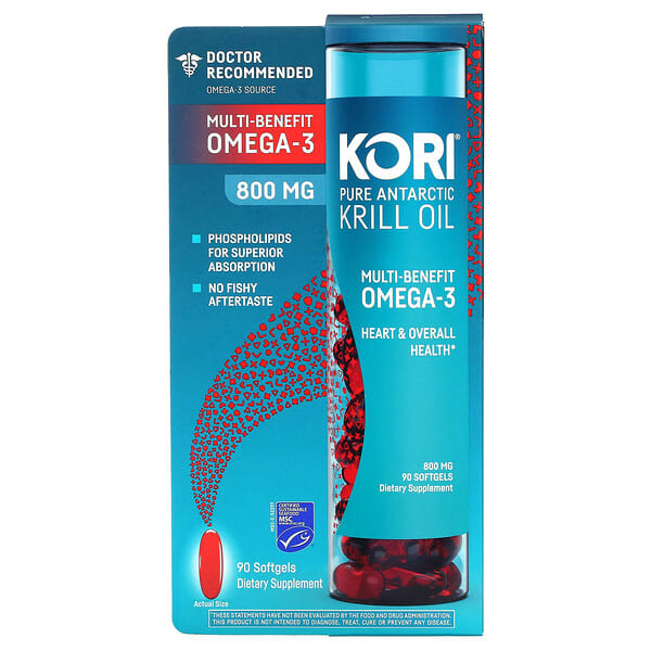 Kori, Pure Antarctic Krill Oil, Multi-Benefit Omega-3, 800 mg, 90 Softgels