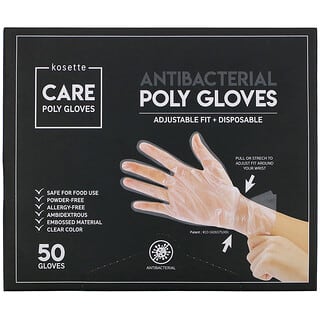Kosettes, Antibacterial Poly Gloves, Adjustable Fit + Disposable, 50 Gloves
