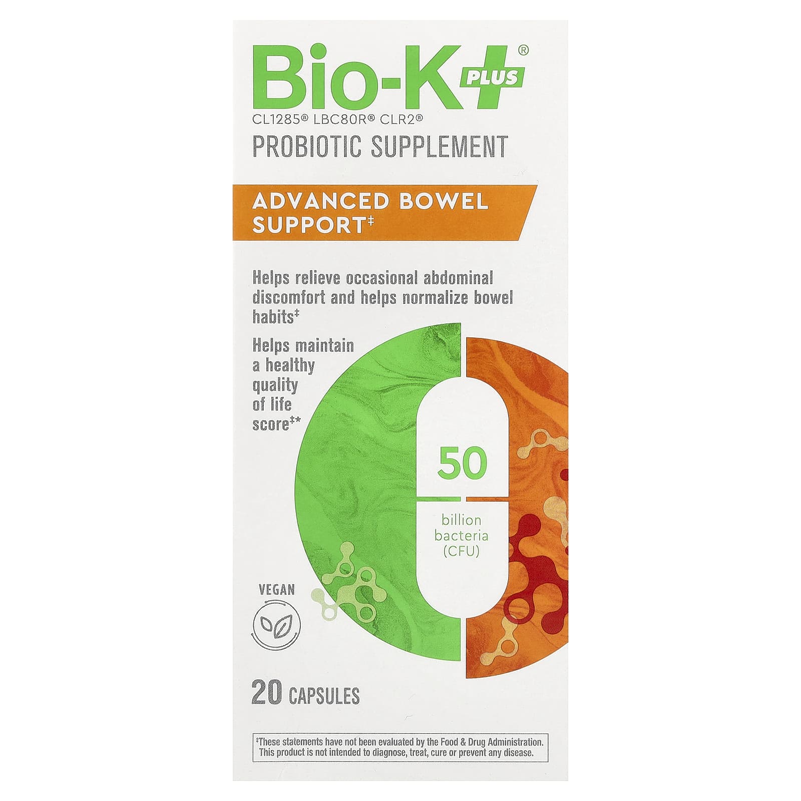 Bio-K+, добавка с пробиотиком, улучшенная поддержка кишечника, 20 капсул