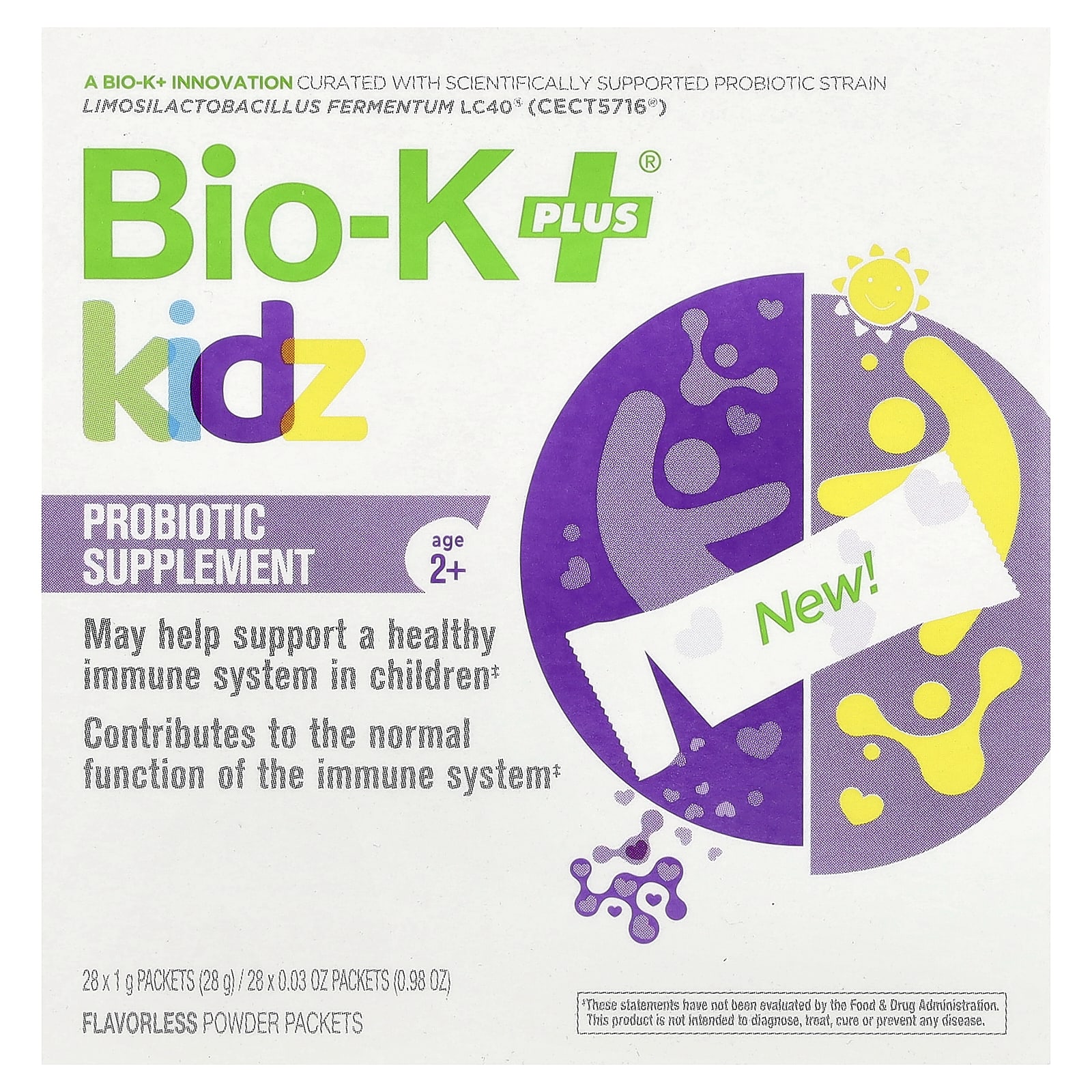 Bio-K+, Kidz, пробиотическая добавка, для детей от 2 лет, без вкусовых добавок, 28 пакетиков по 1 г (0,04 унции)