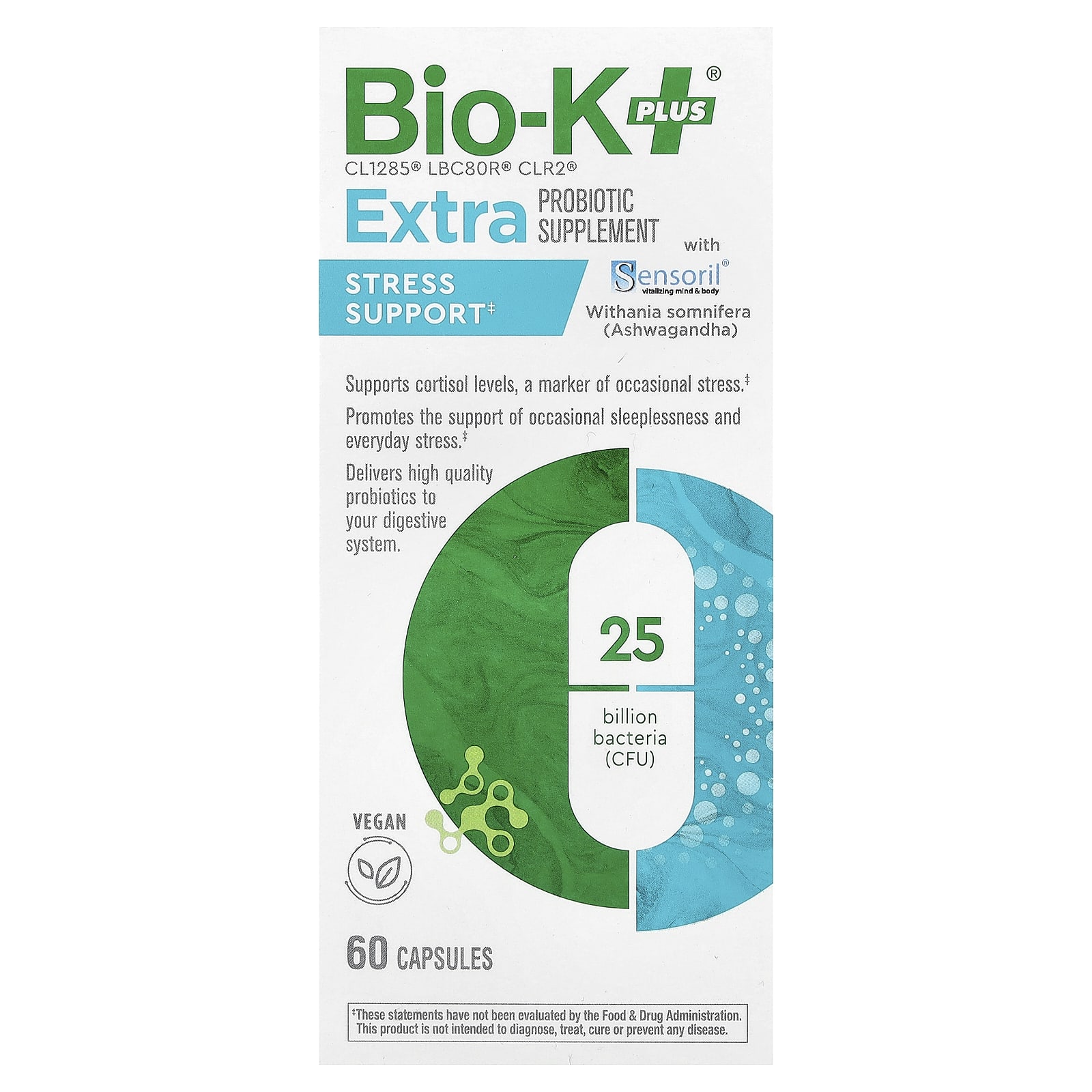 Bio-K+, дополнительная добавка с пробиотиком, для борьбы со стрессом с Sensoril®, 60 капсул